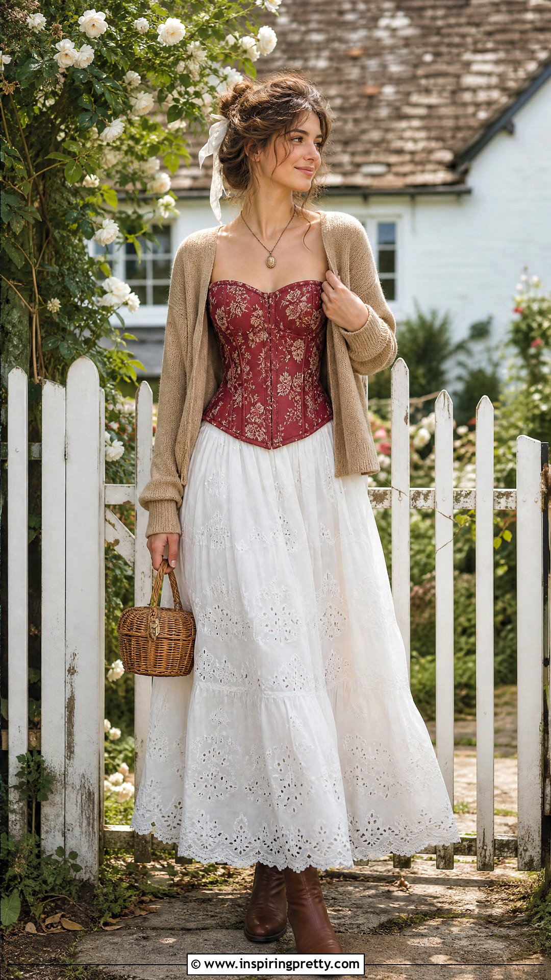 Red Floral Corset Top With White Maxi Skirt - 25 corset top outfit cottagecore ideas
