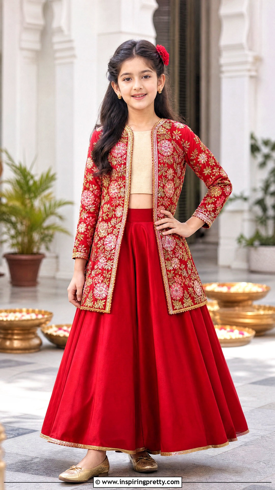 Red Floral Jacket Kids Crop Top Lehenga - 50 kids crop top lehenga designs