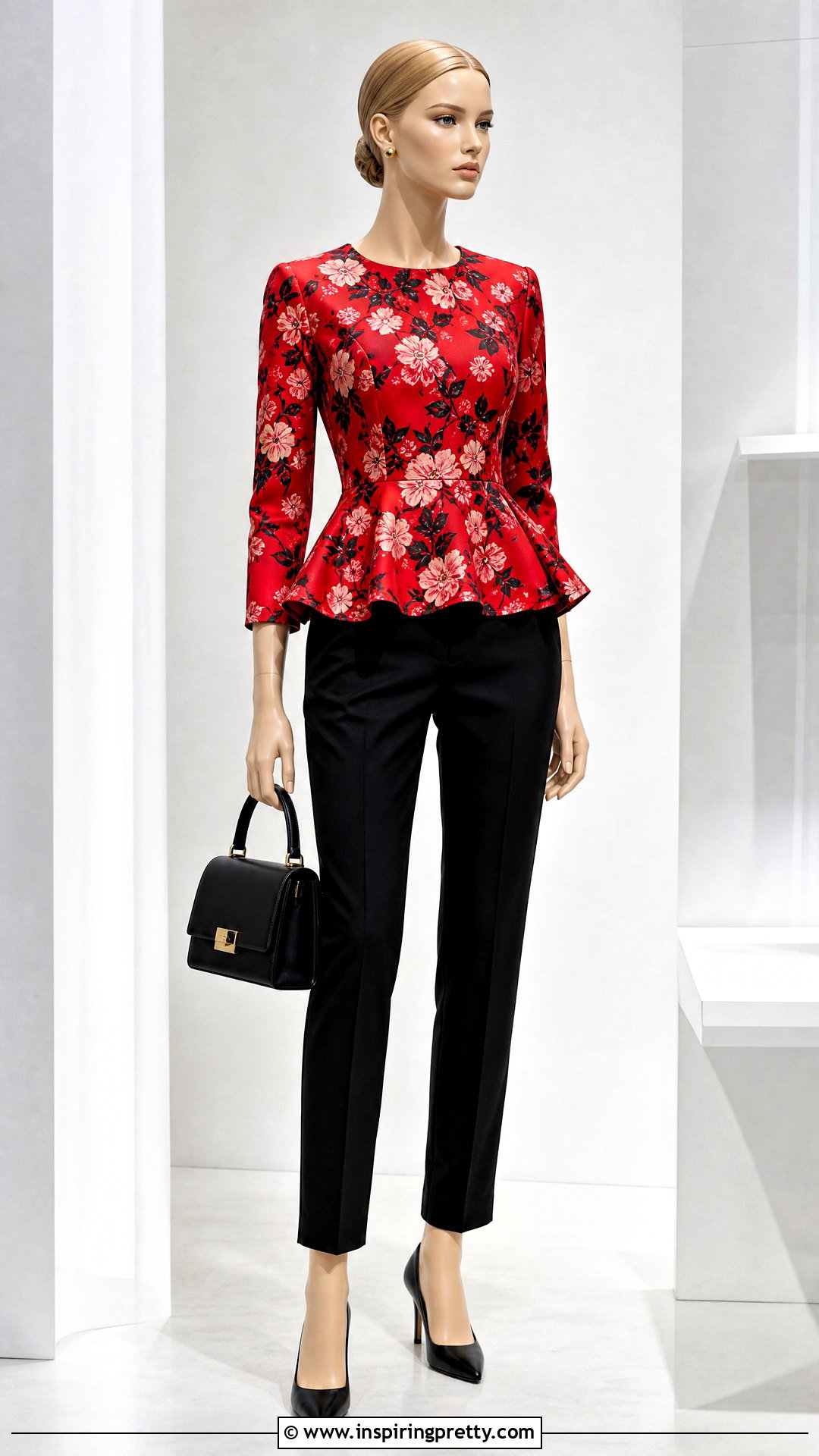 Red Floral Peplum Top With Black Trousers - 20 floral peplum top on mannequin ideas