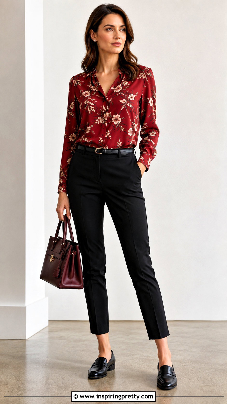 Red Floral Top With Black Tailored Pants - 20 red floral top style outfit ideas