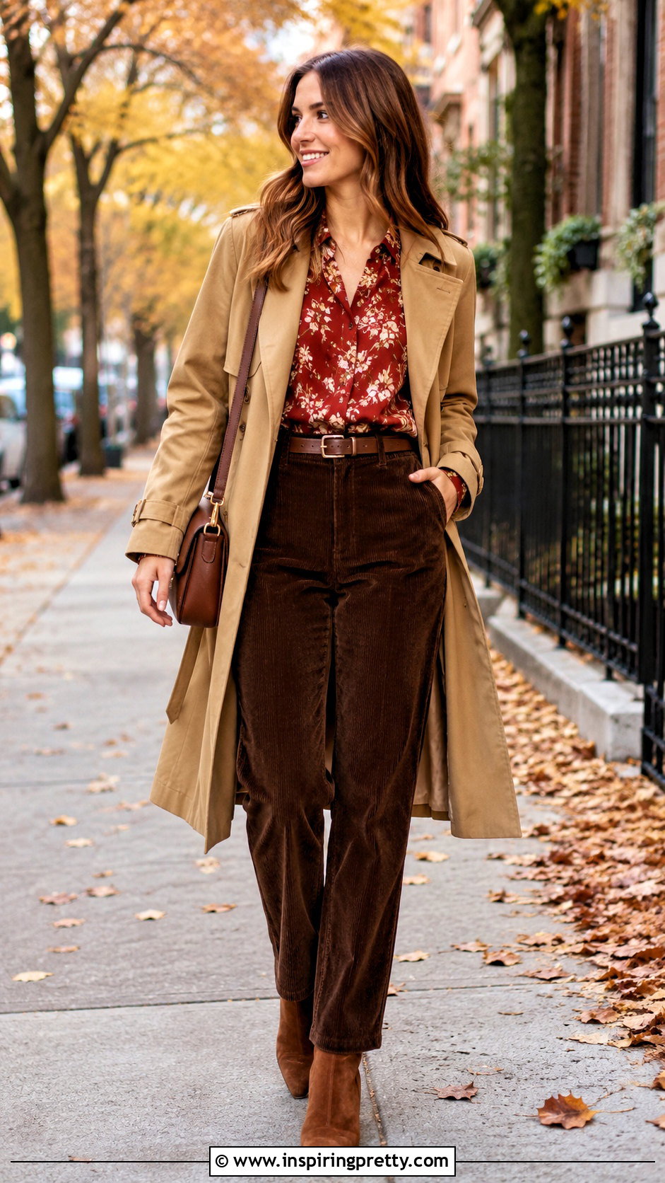 Red Floral Top With Brown Corduroy Pants - 20 red floral top style outfit ideas
