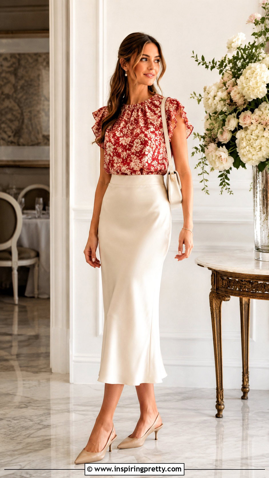 Red Floral Top With Cream Satin Skirt - 20 red floral top style outfit ideas