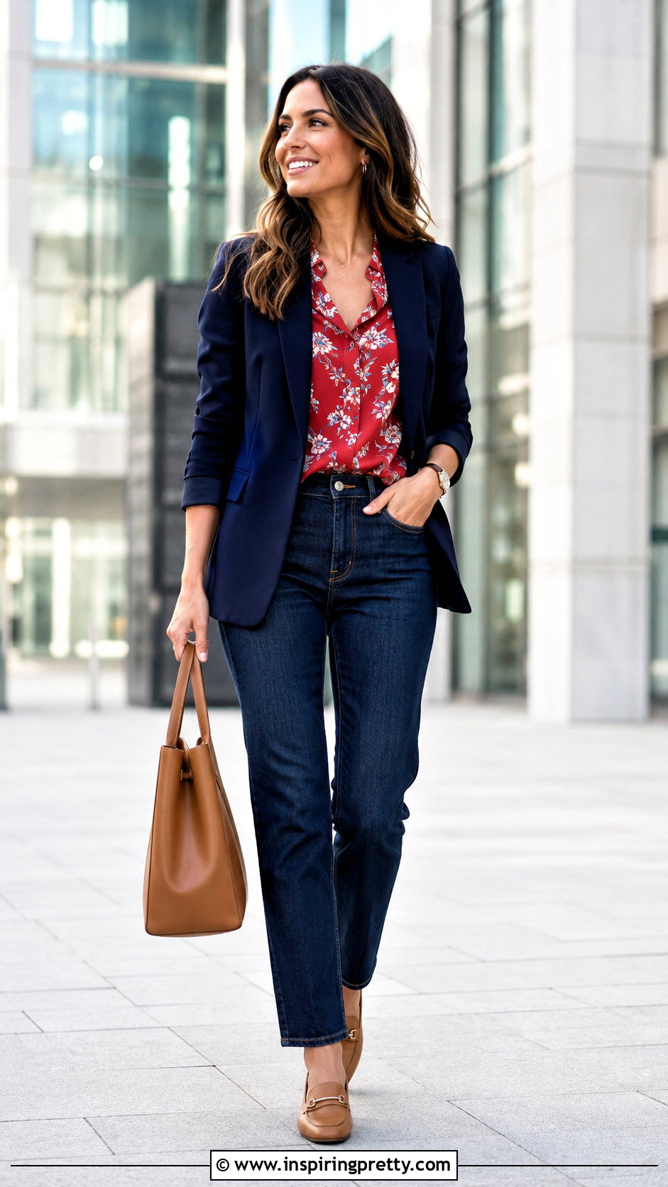 Red Floral Top With Dark Jeans And Navy Blazer - 20 red floral top style outfit ideas