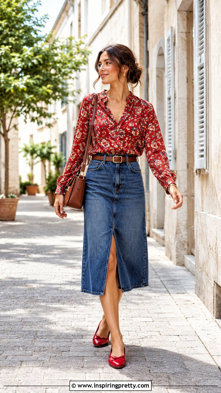 Red Floral Top With Denim Midi Skirt - 20 red floral top style outfit ideas