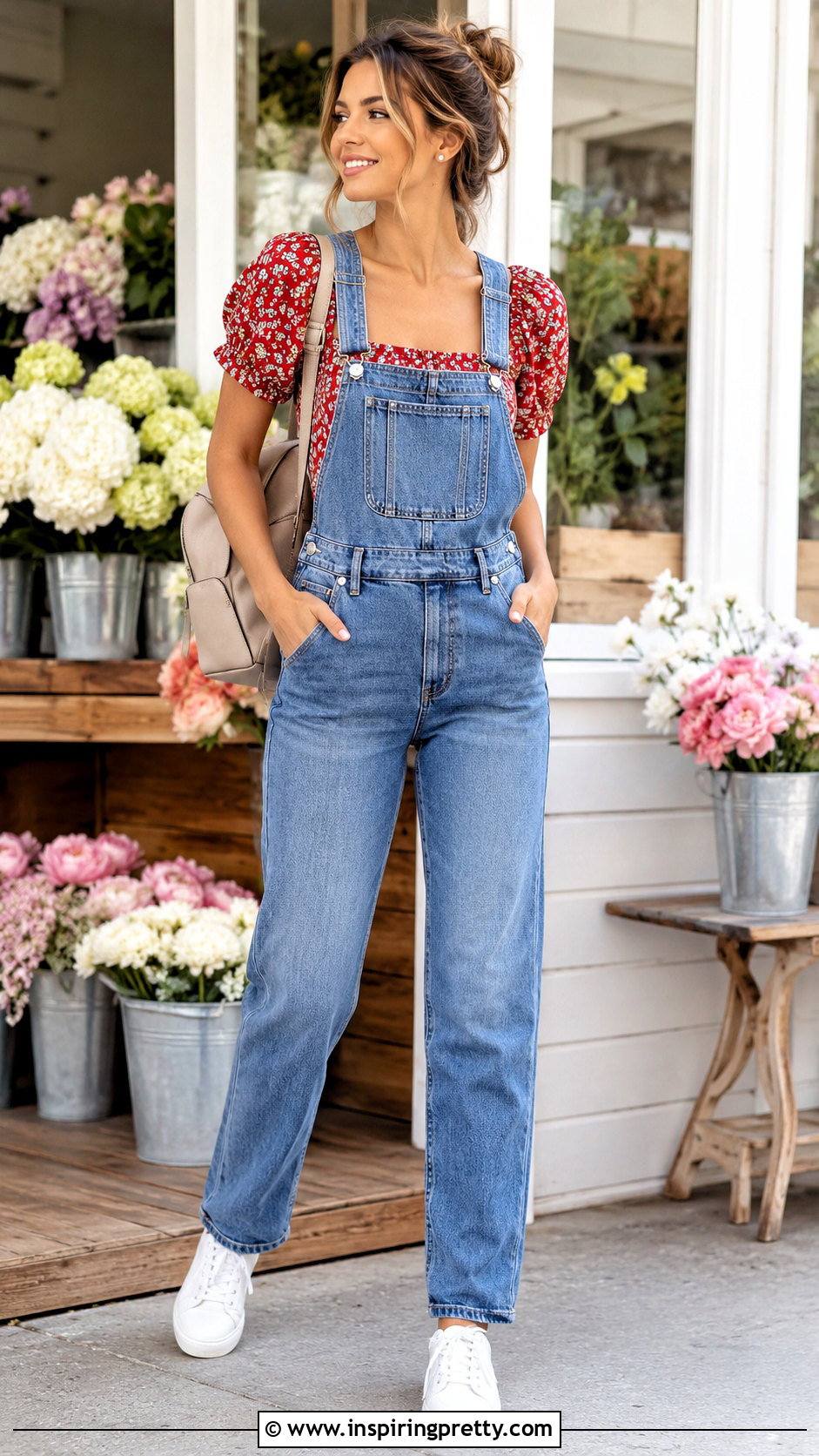 Red Floral Top With Denim Overalls - 20 red floral top style outfit ideas