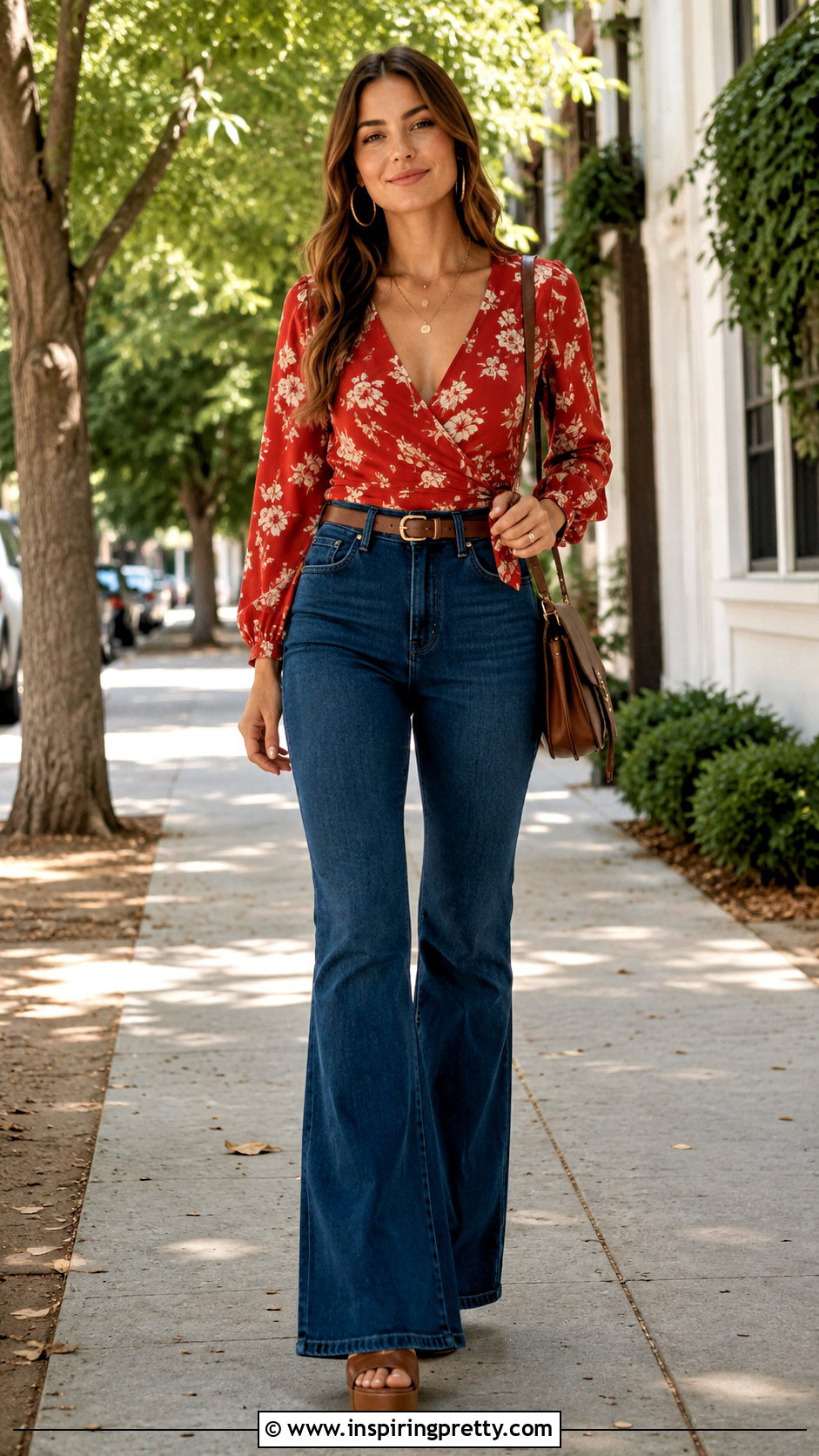 Red Floral Top With Flare Jeans - 20 red floral top style outfit ideas