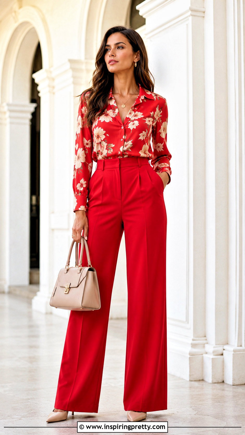 Red Floral Top With Red Wide Leg Pants - 20 red floral top style outfit ideas