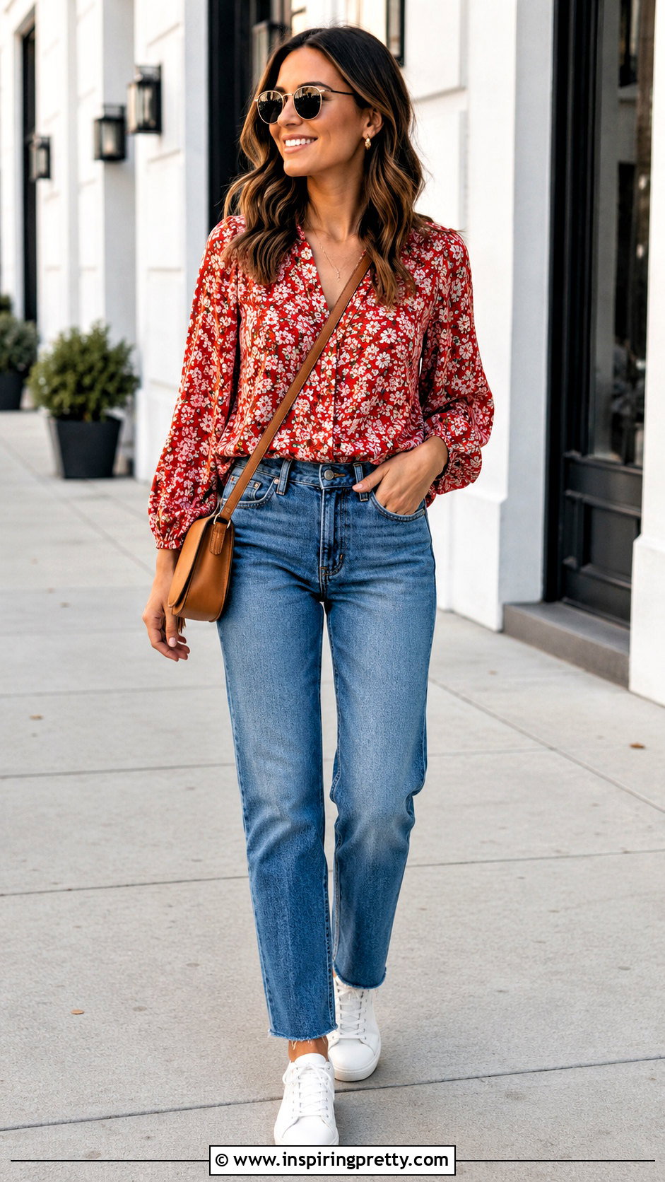 Red Floral Top With Straight Leg Jeans - 20 red floral top style outfit ideas