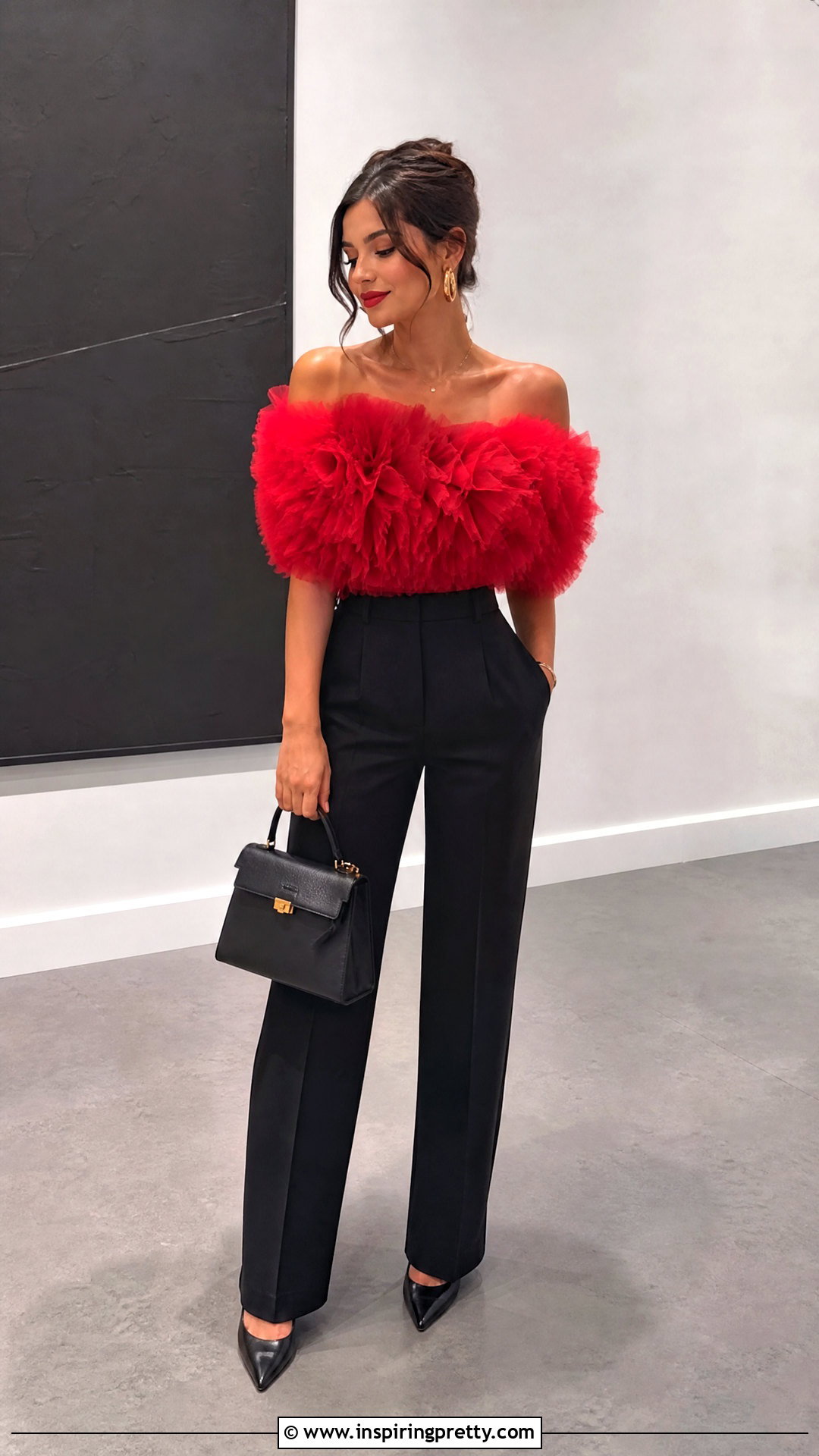 Red Fluffy Off The Shoulder Top With Black Trousers - 25 Fluffy Off The Shoulder Top outfit ideas