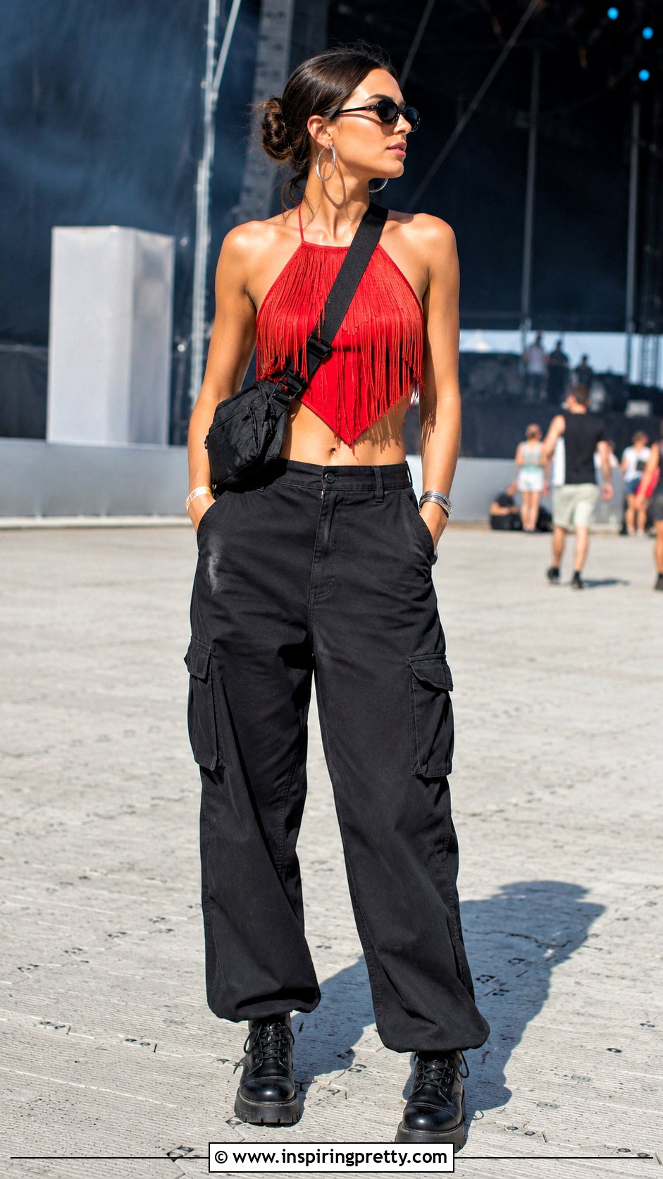 Red Fringe Crop Top With Black Cargo Pants - 20 red fringe crop top outfit ideas