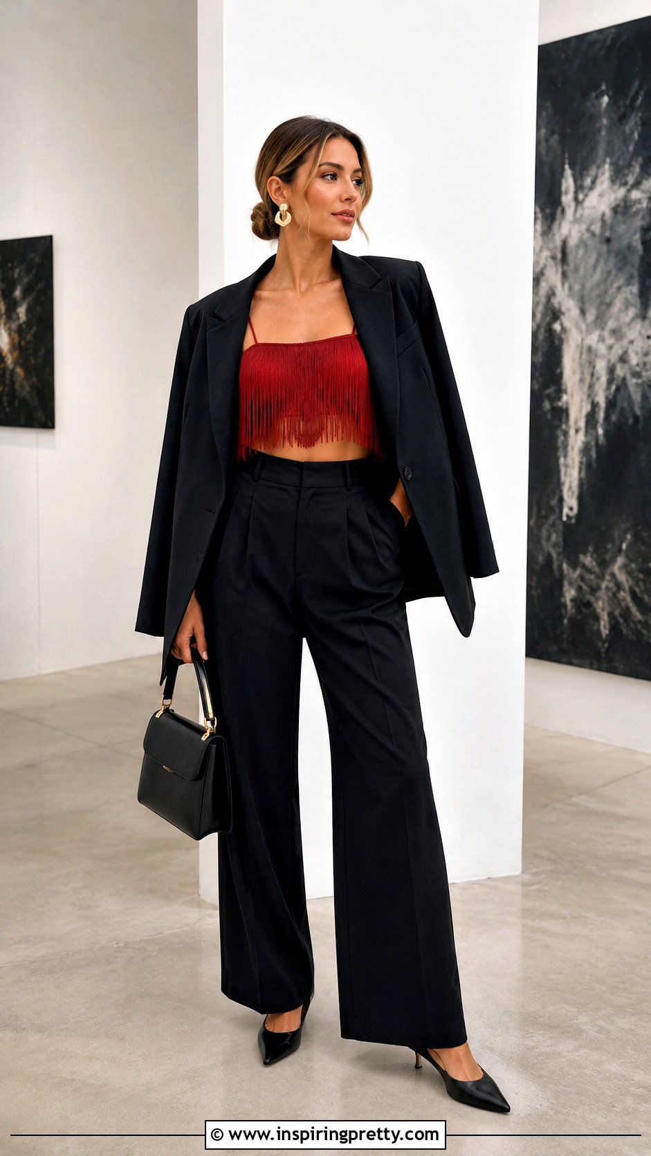 Red Fringe Crop Top With Black Wide Leg Trousers - 20 red fringe crop top outfit ideas