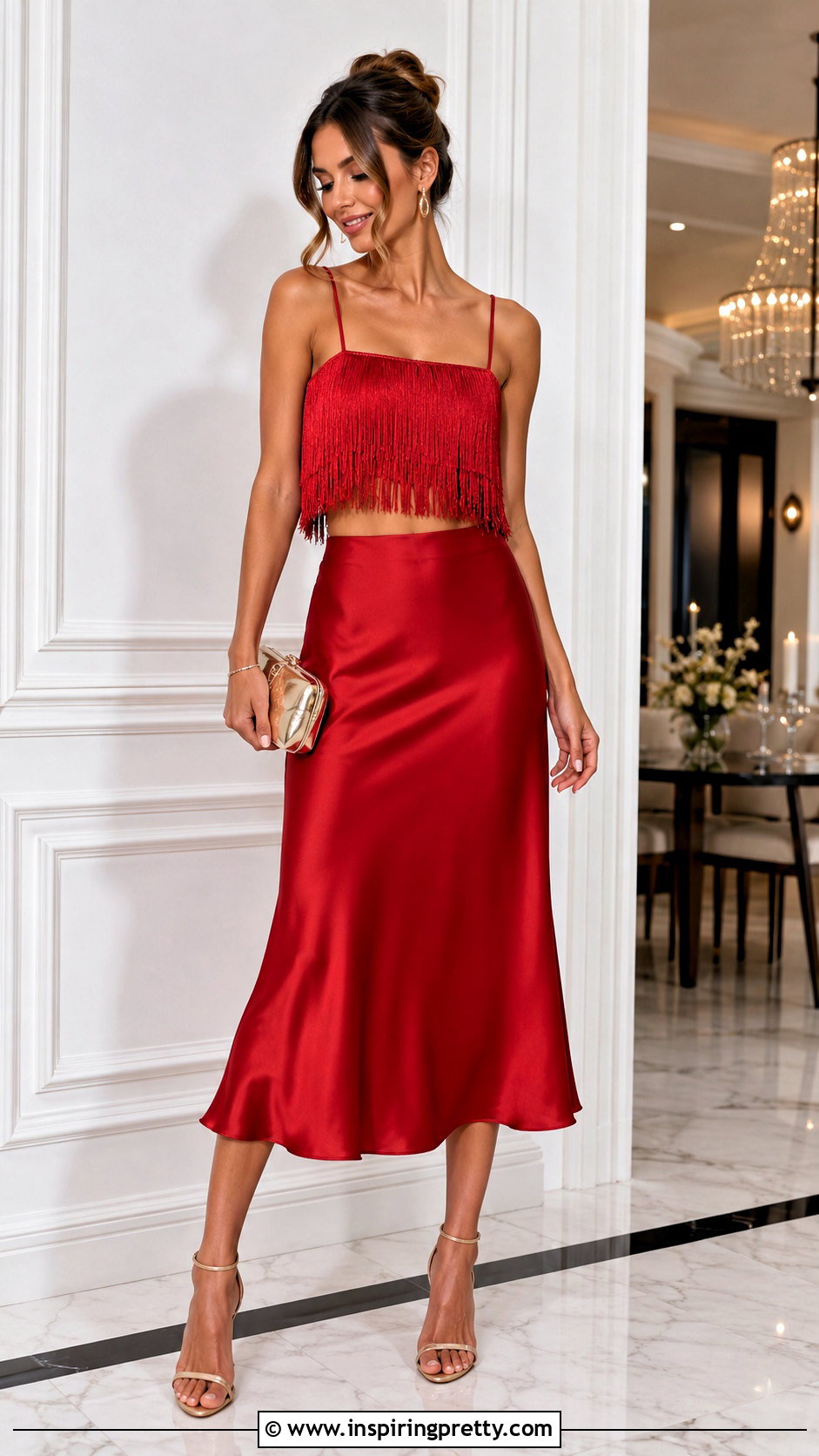 Red Fringe Crop Top With Red Satin Midi Skirt - 20 red fringe crop top outfit ideas