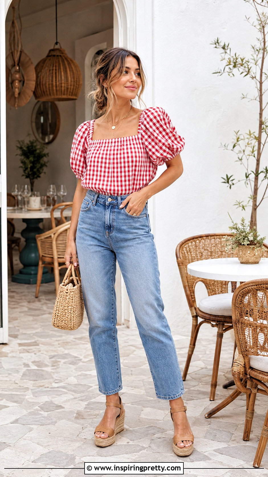 Red Gingham Blouse With Mom Jeans And Espadrilles - how to wear red top with jeans (20 ways)