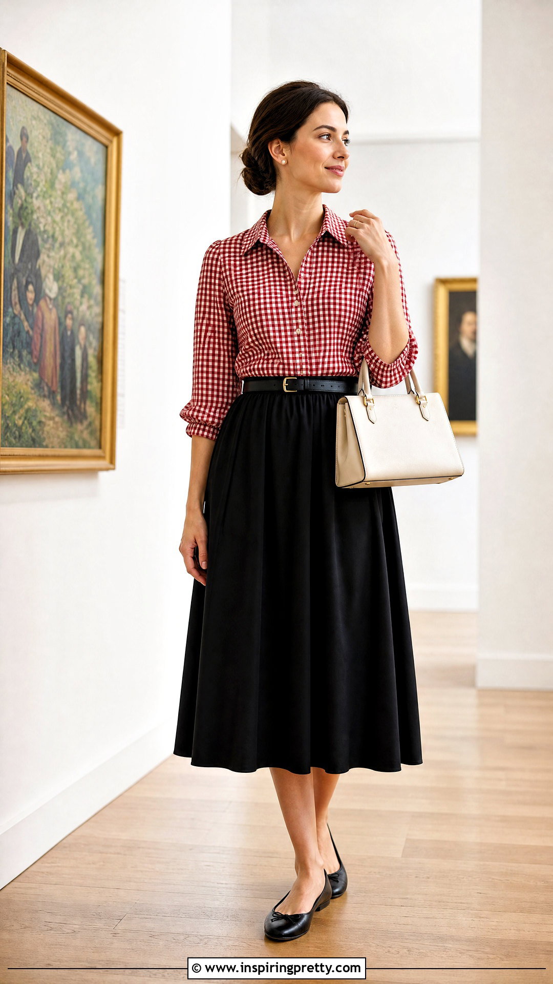 Red Gingham Top With Black Midi Skirt - 50 red gingham top outfit ideas