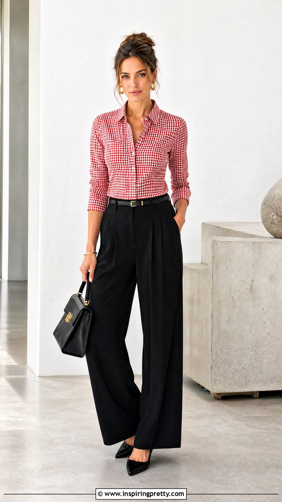 Red Gingham Top With Black Wide Leg Pants - 50 red gingham top outfit ideas