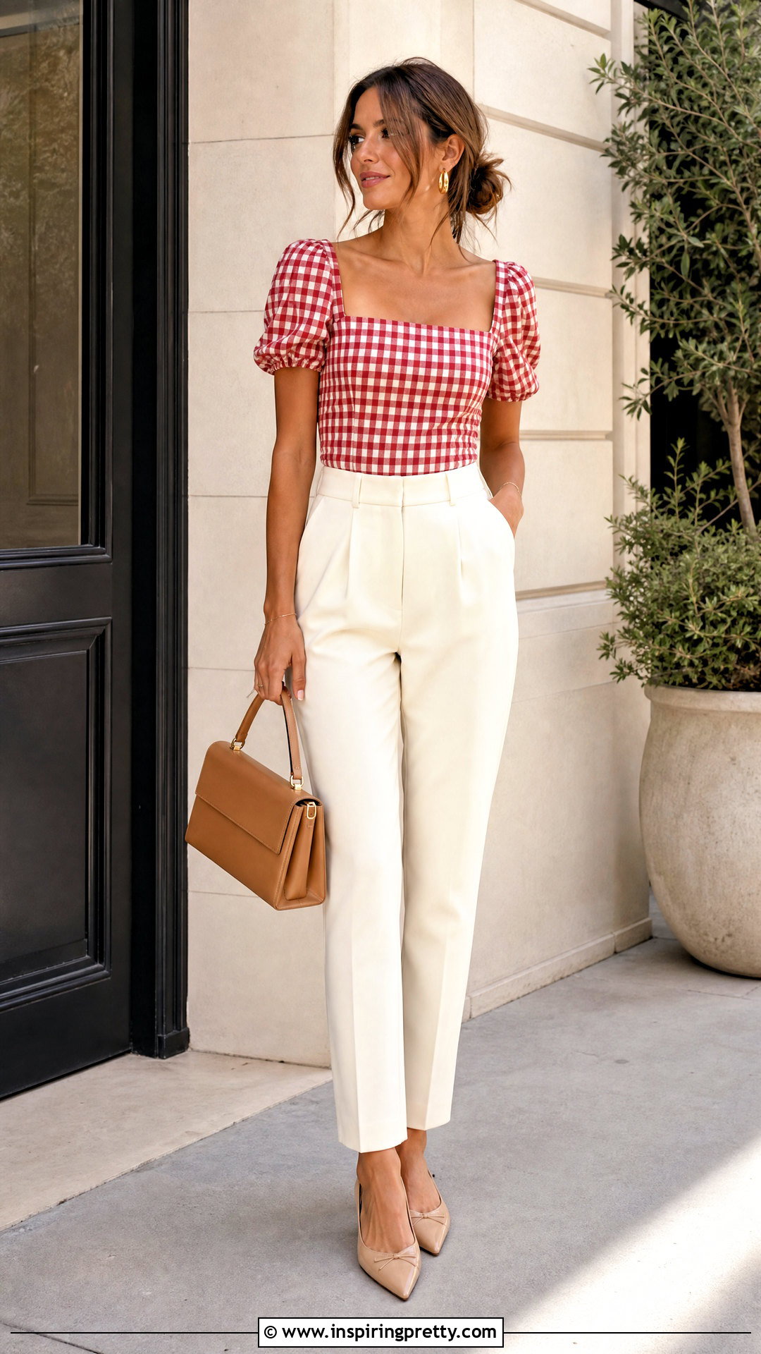 Red Gingham Top With Cream Tailored Pants - 50 red gingham top outfit ideas