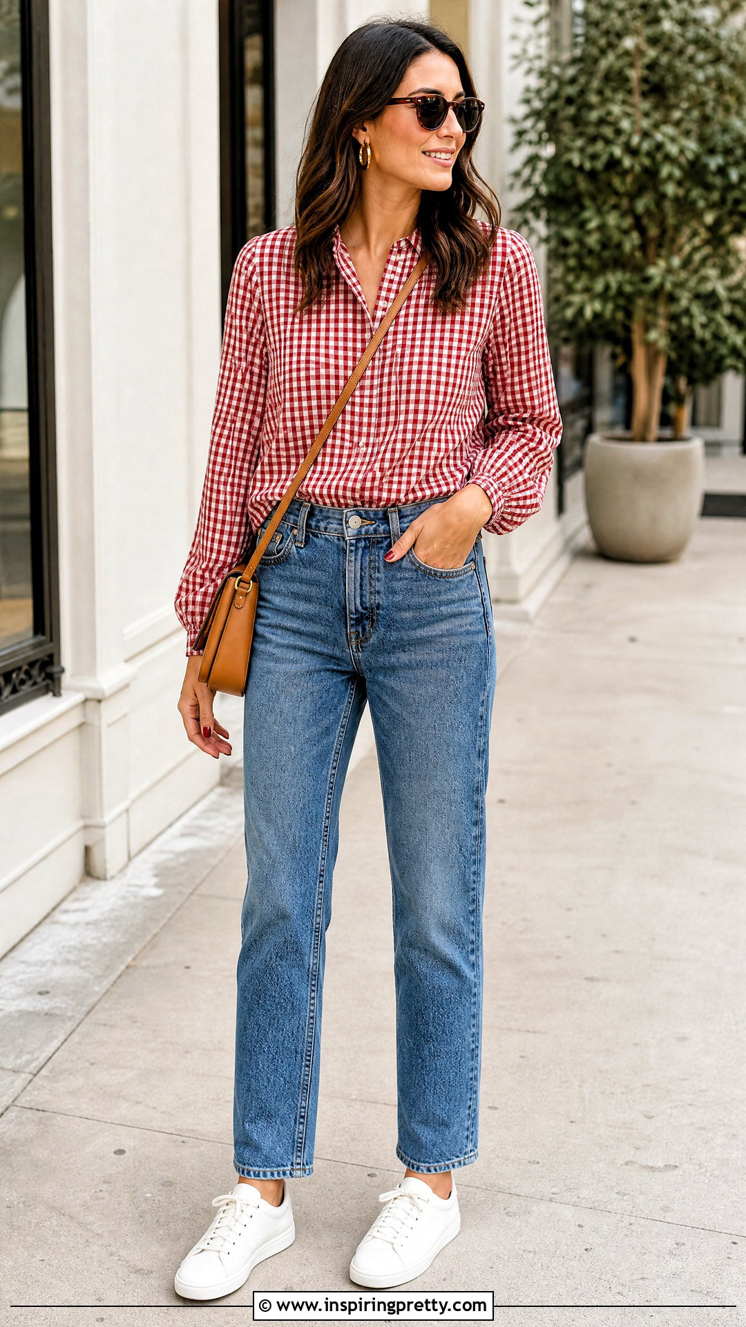 Red Gingham Top With Straight Leg Jeans - 50 red gingham top outfit ideas