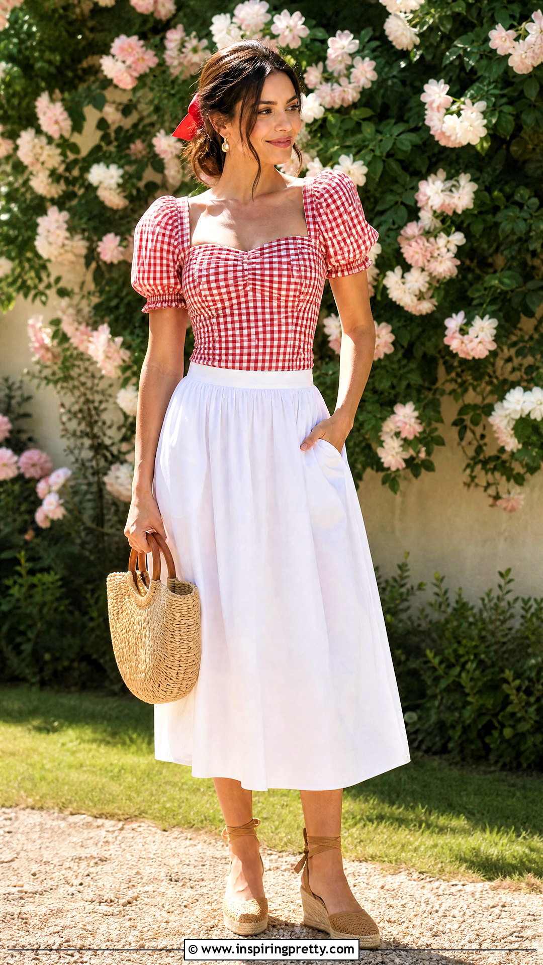 Red Gingham Top With White Midi Skirt - 50 red gingham top outfit ideas