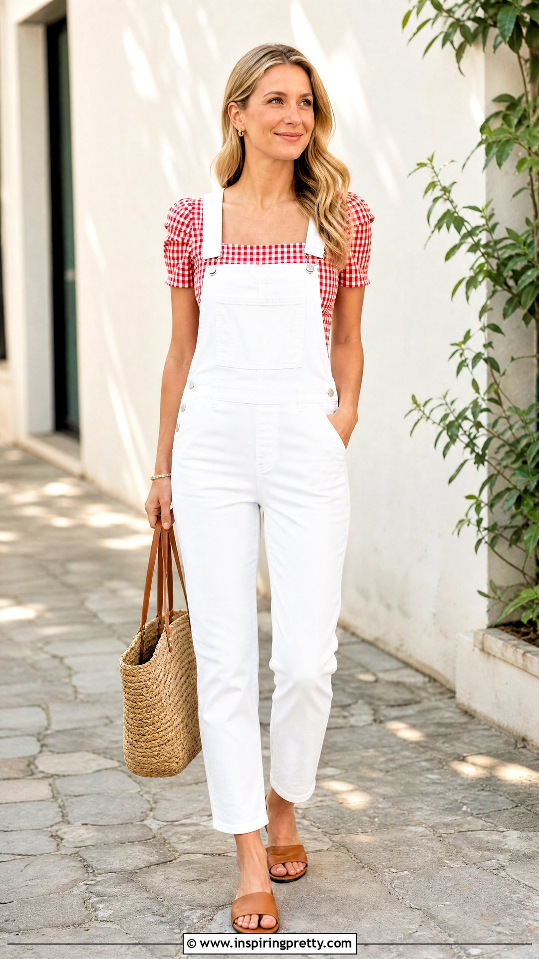Red Gingham Top With White Overalls - 50 red gingham top outfit ideas