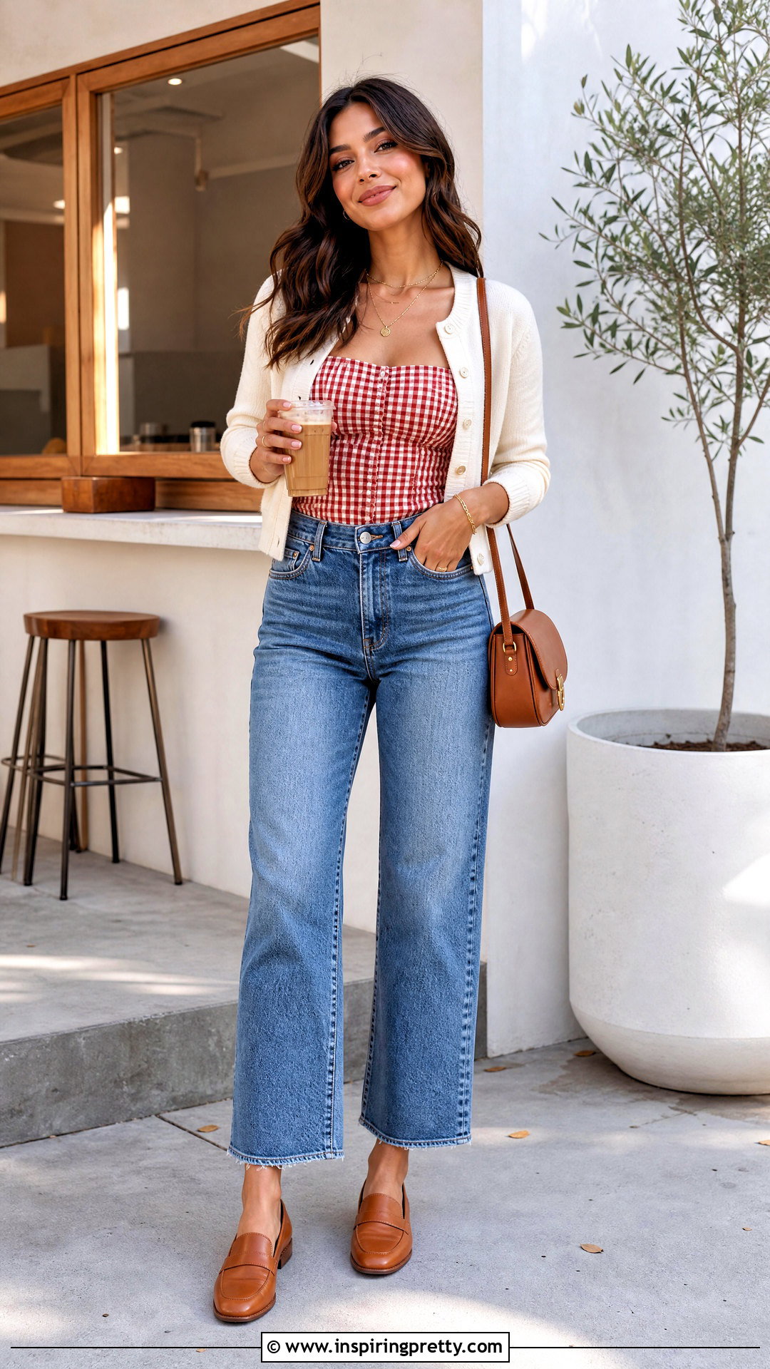 Red Gingham Top With a Cream Cardigan - 50 red gingham top outfit ideas
