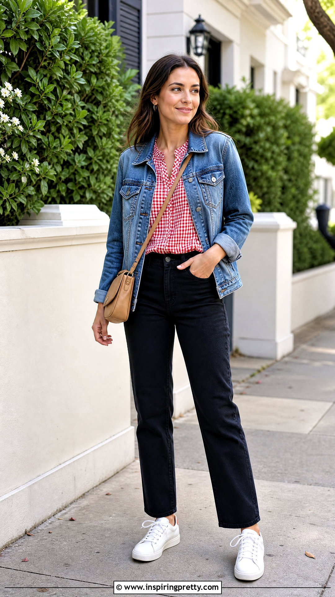 Red Gingham Top With a Denim Jacket - 50 red gingham top outfit ideas