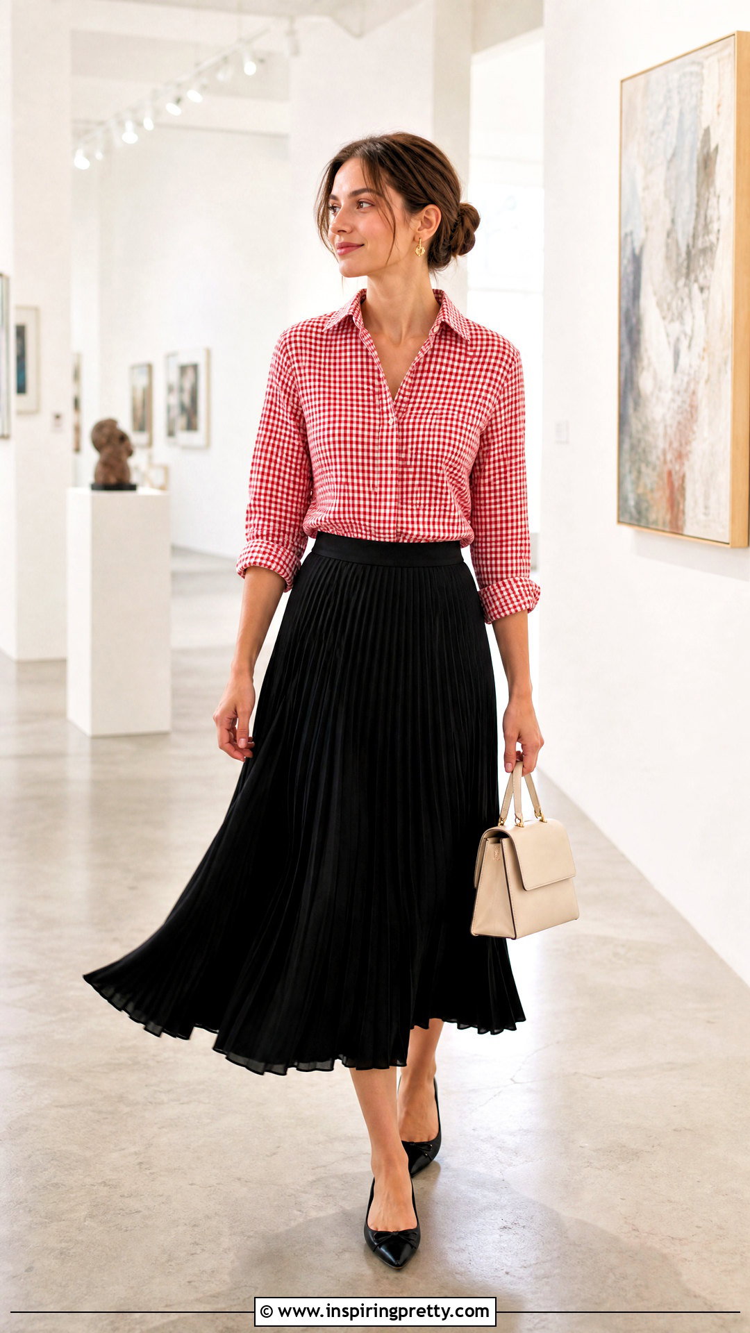 Red Gingham Top With a Pleated Midi Skirt - 50 red gingham top outfit ideas