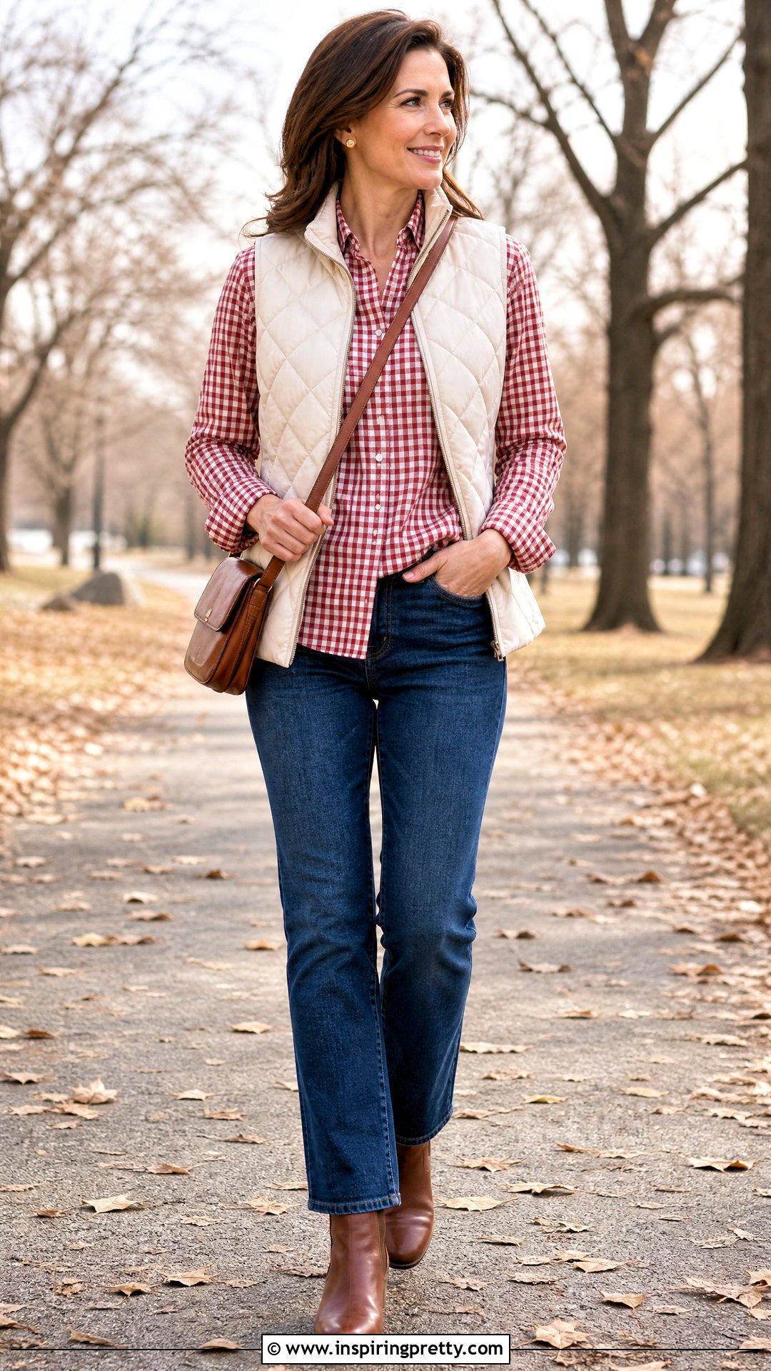 Red Gingham Top With a Puffer Vest - 50 red gingham top outfit ideas
