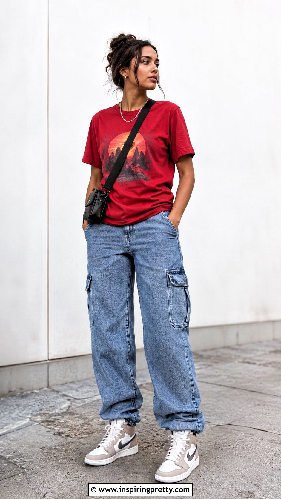 Red Graphic T Shirt With Cargo Jeans And High Top Sneakers - how to wear red top with jeans (20 ways)