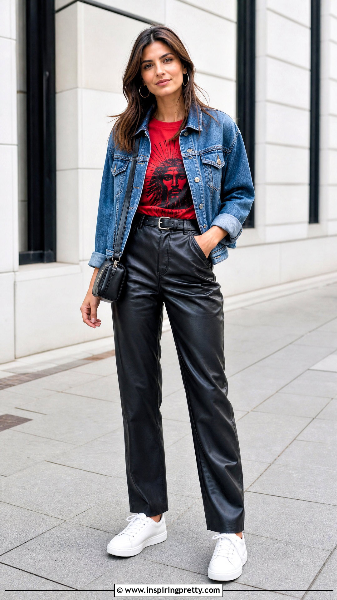 Red Graphic T Shirt With Faux Leather Pants - 50 red tops outfit ideas