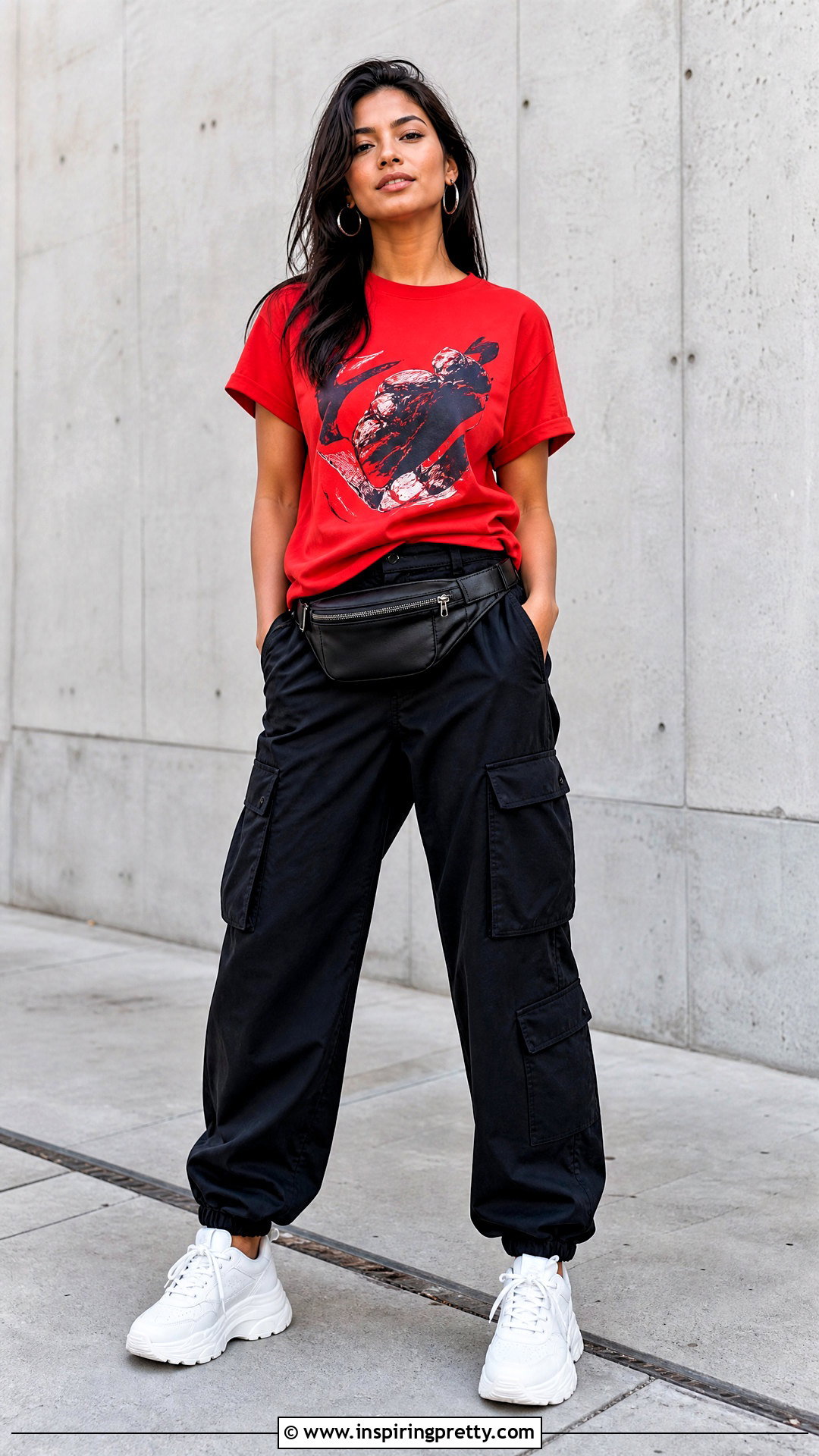 Red Graphic Tee With Black Cargo Pants - 50 red top outfit casual ideas