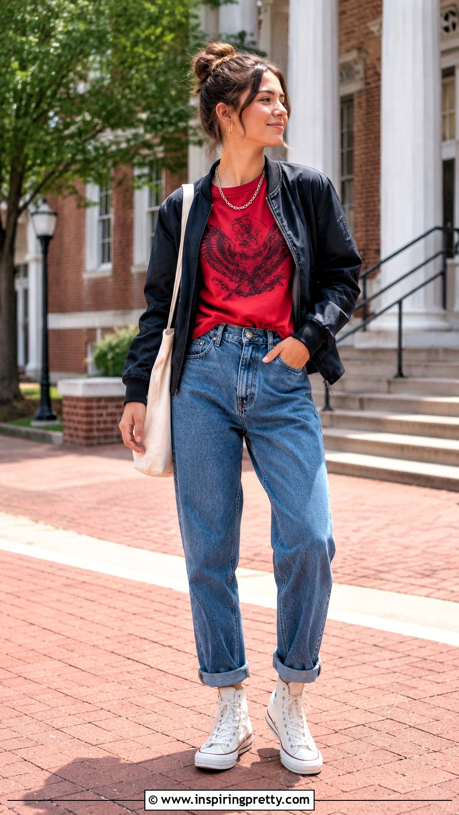 Red Graphic Tee With Boyfriend Jeans And High Top Sneakers - 20 Red Top With Jeans And Accessories