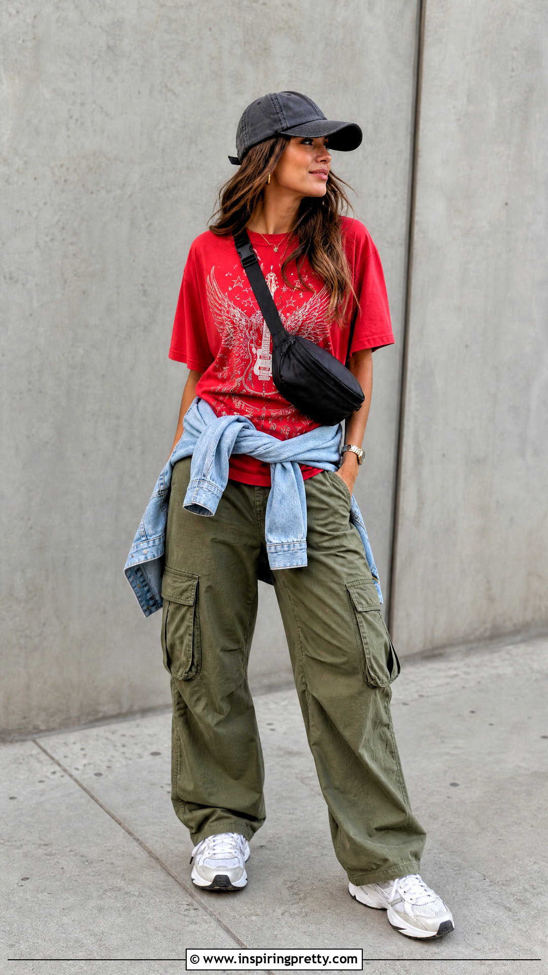 Red Graphic Tee With Cargo Pants - 50 red top outfit ideas