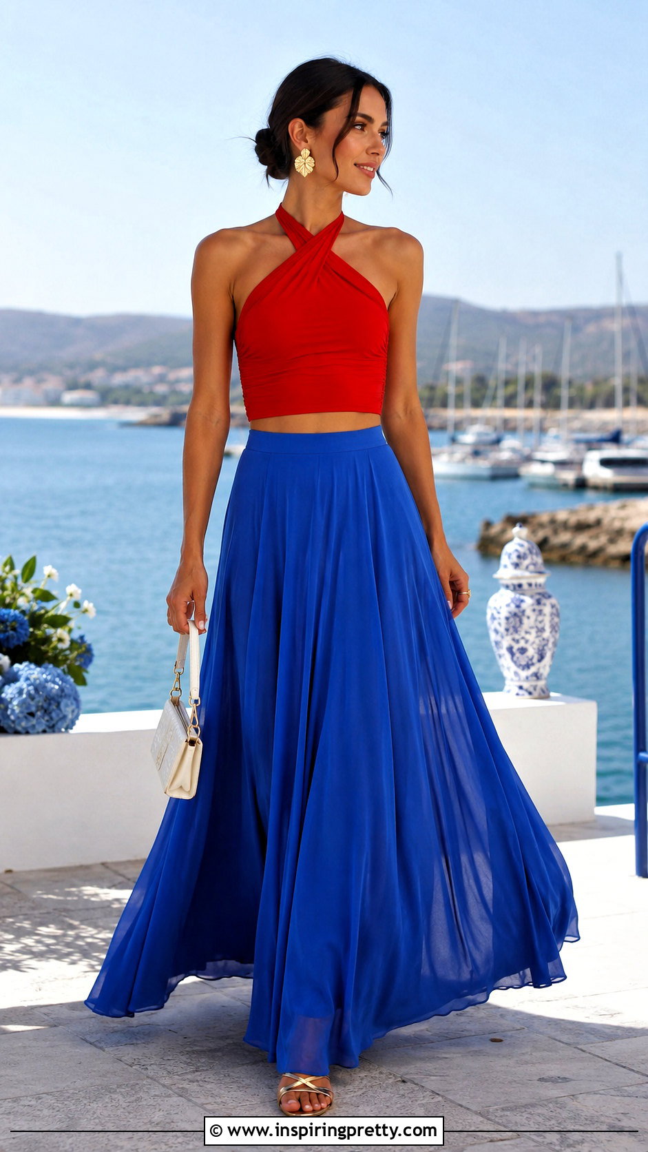 Red Halter Crop Top With Blue Maxi Skirt - 20 summer red crop top outfit ideas