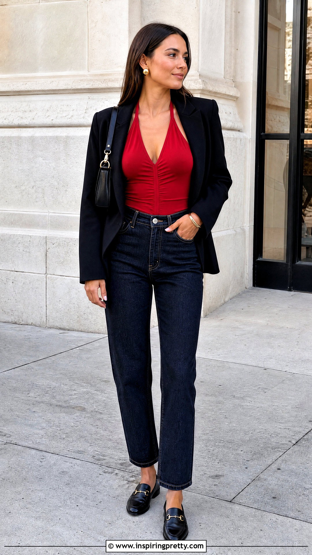 Red Halter Top With Black Blazer And Jeans - 50 red halter top outfit ideas
