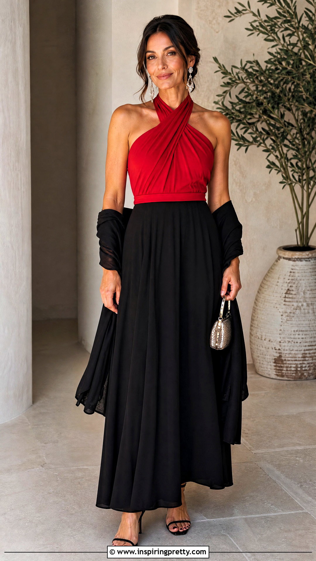 Red Halter Top With Black Maxi Skirt - 50 red halter top outfit ideas