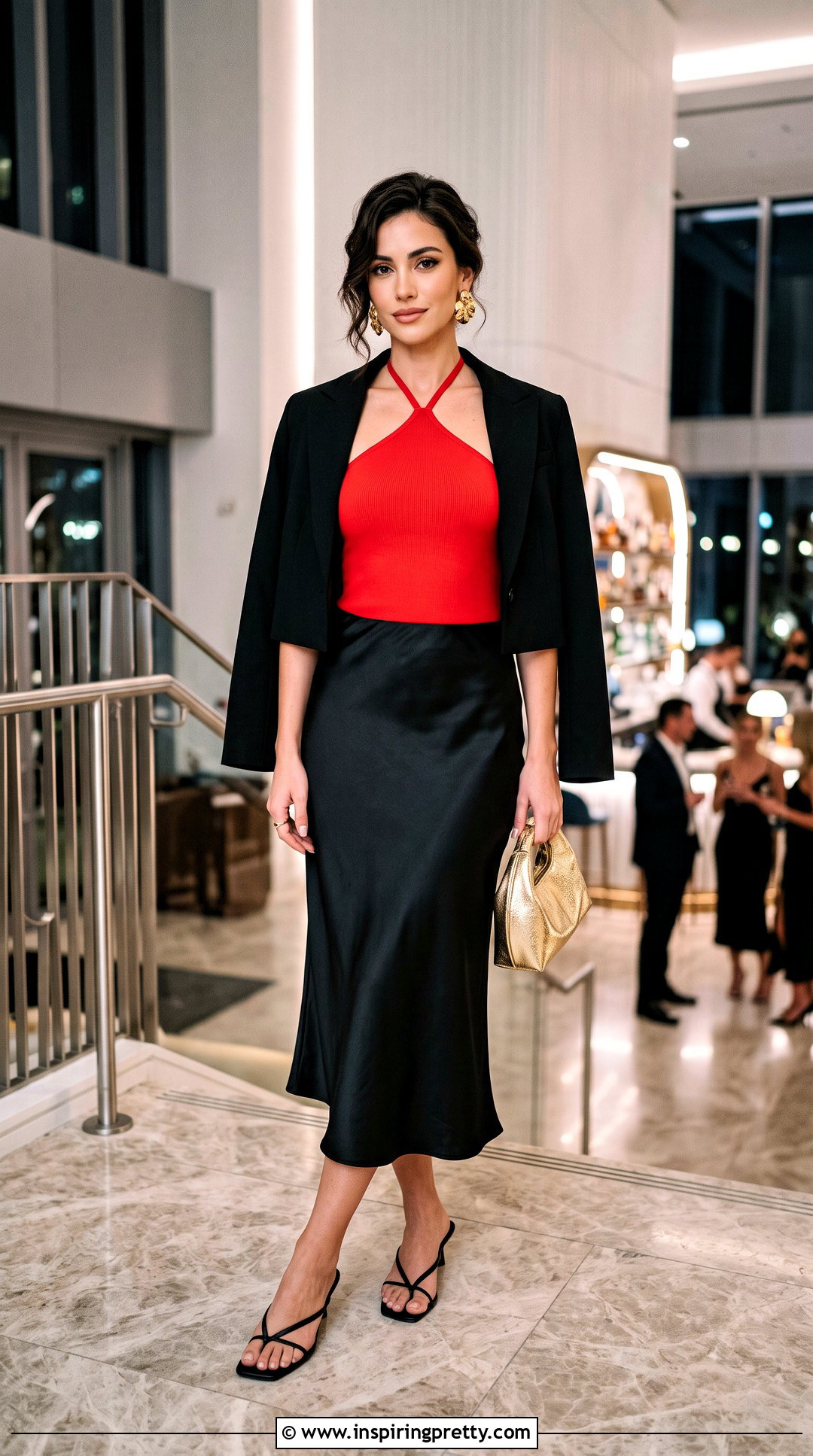 Red Halter Top With Black Satin Midi Skirt - 50 red halter top outfit ideas