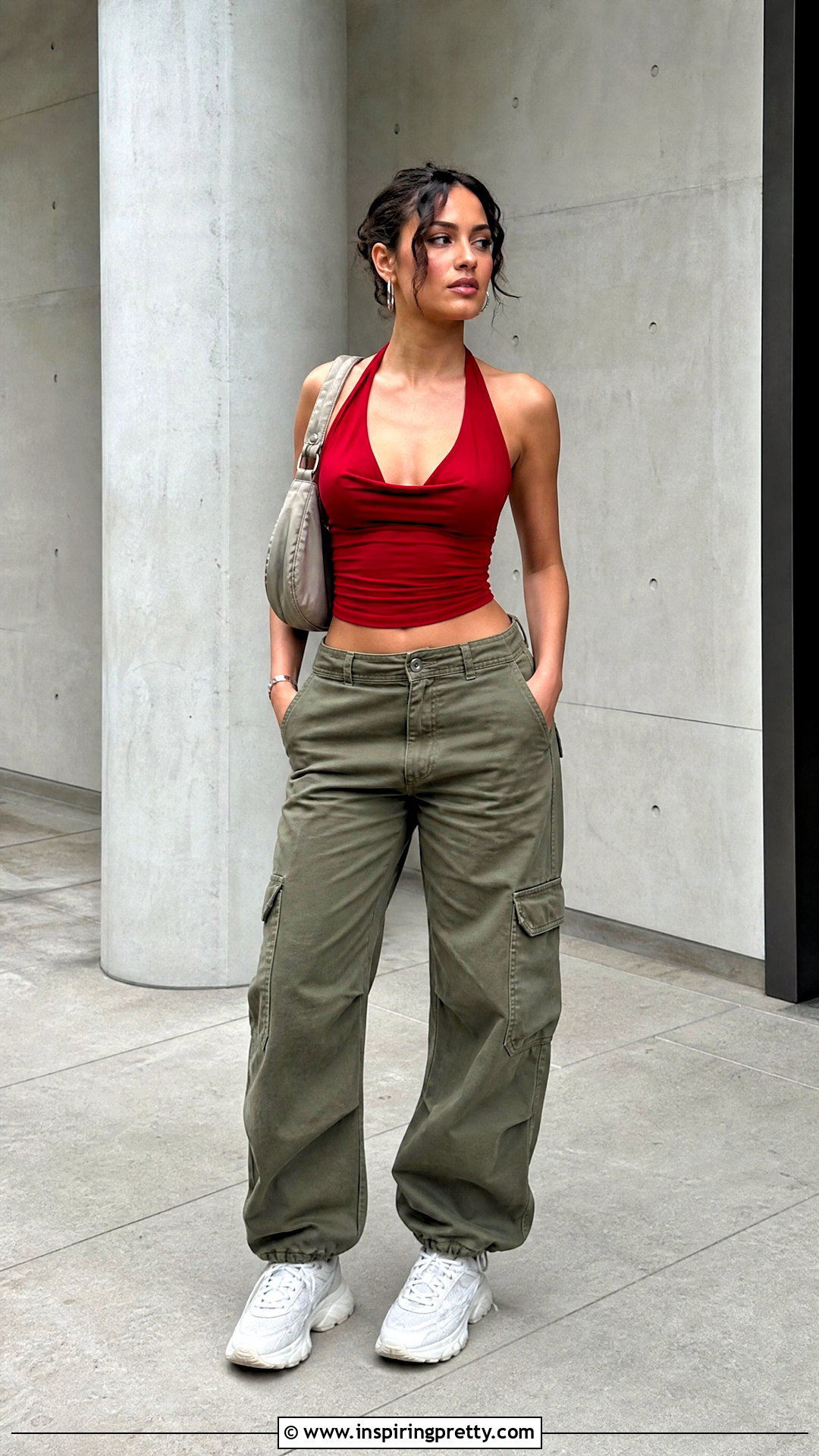 Red Halter Top With Cargo Pants - 50 red halter top outfit ideas