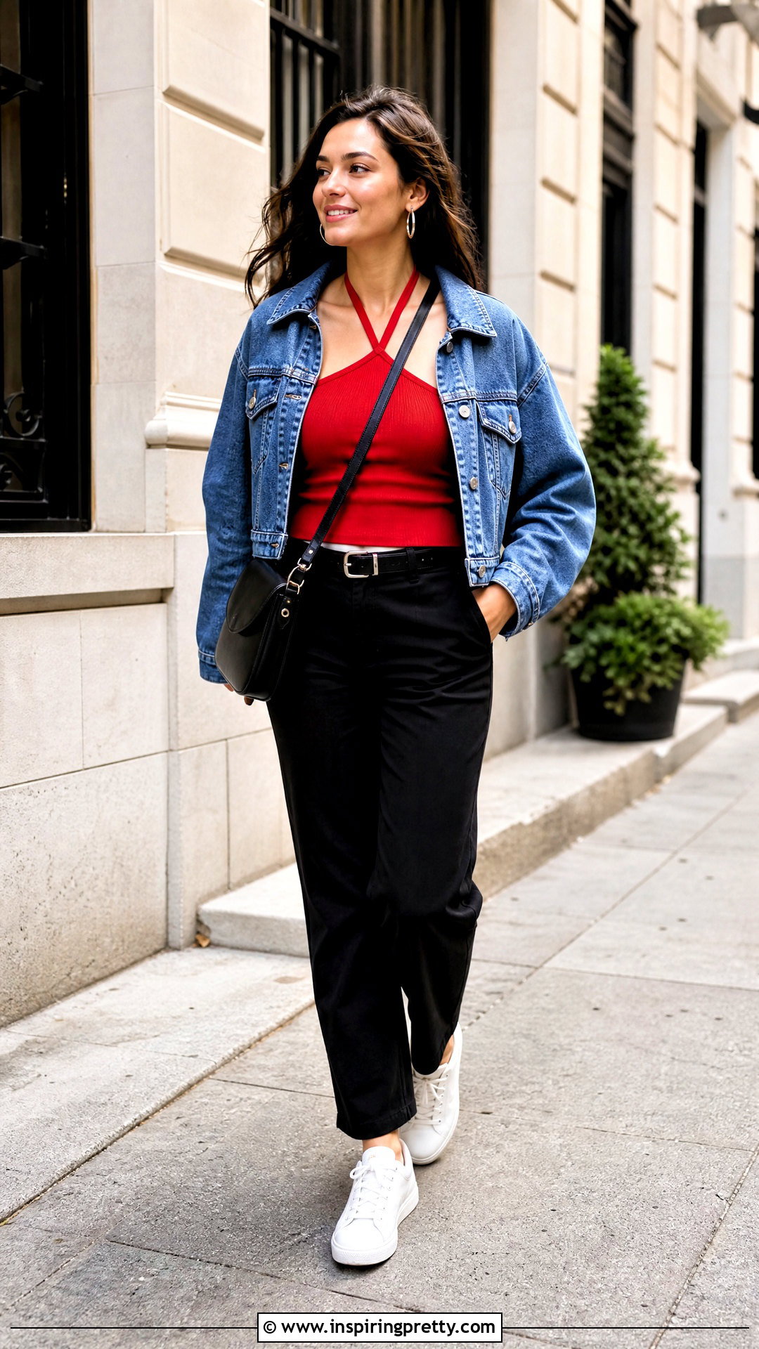 Red Halter Top With Denim Jacket And Black Pants - 50 red halter top outfit ideas
