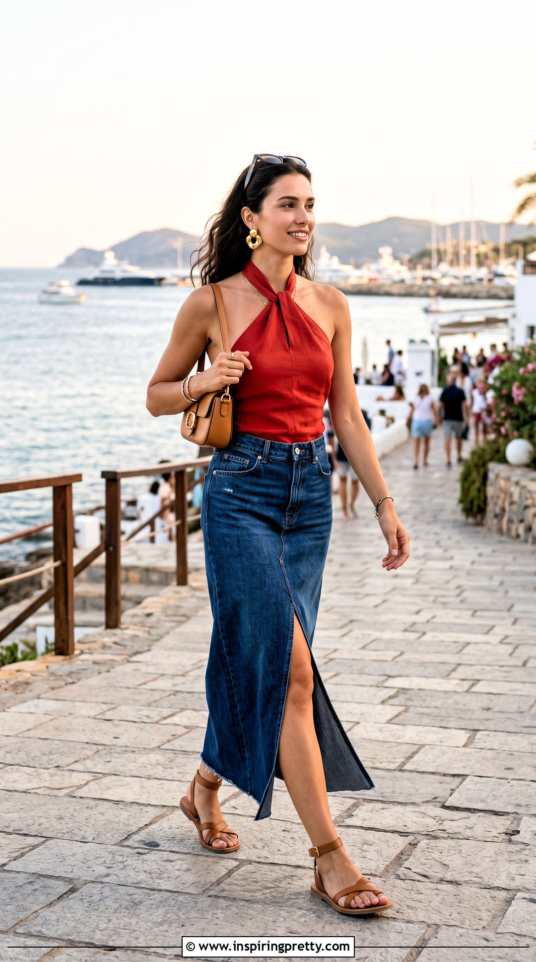 Red Halter Top With Denim Maxi Skirt - 50 red tops outfit ideas
