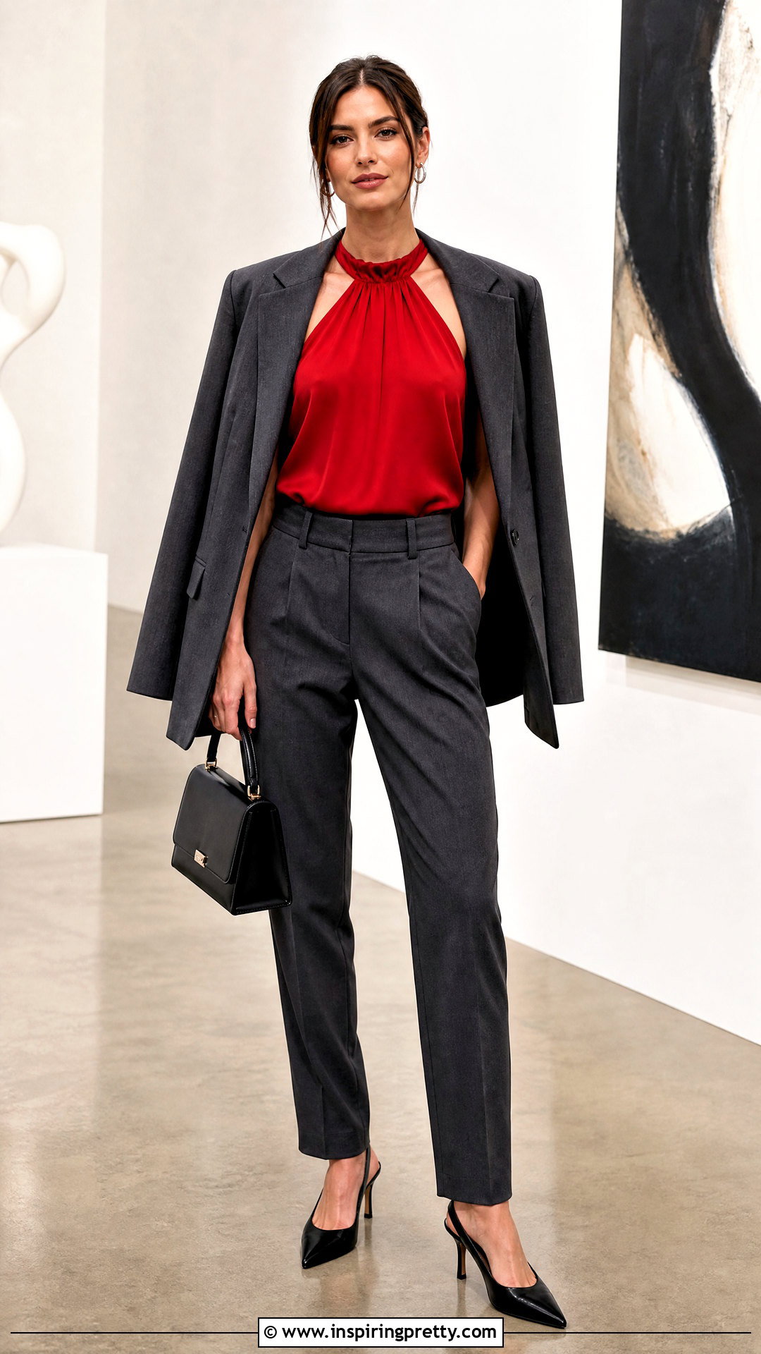 Red Halter Top With Gray Trousers - 50 red halter top outfit ideas