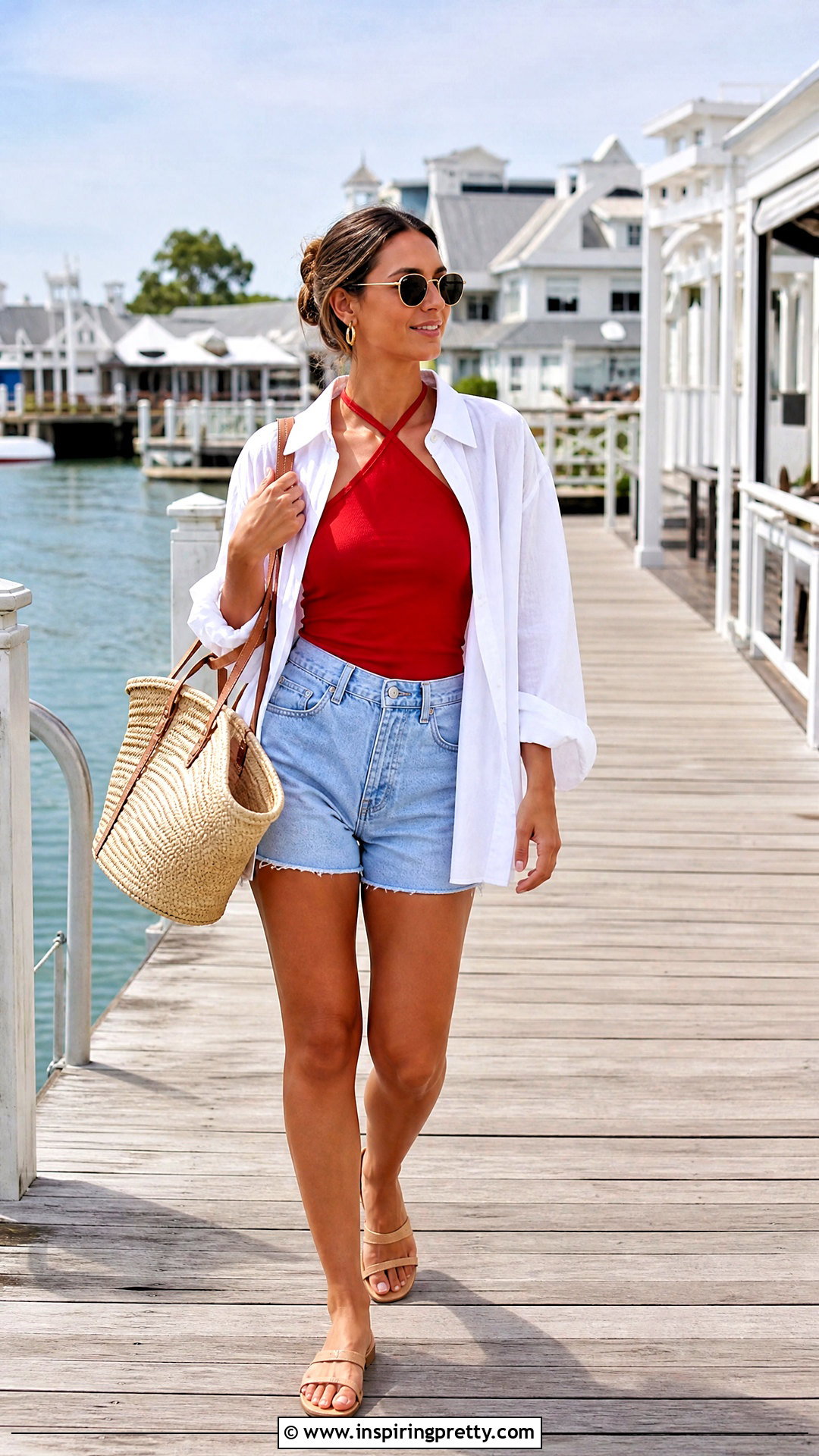 Red Halter Top With Oversized White Shirt And Shorts - 50 red halter top outfit ideas