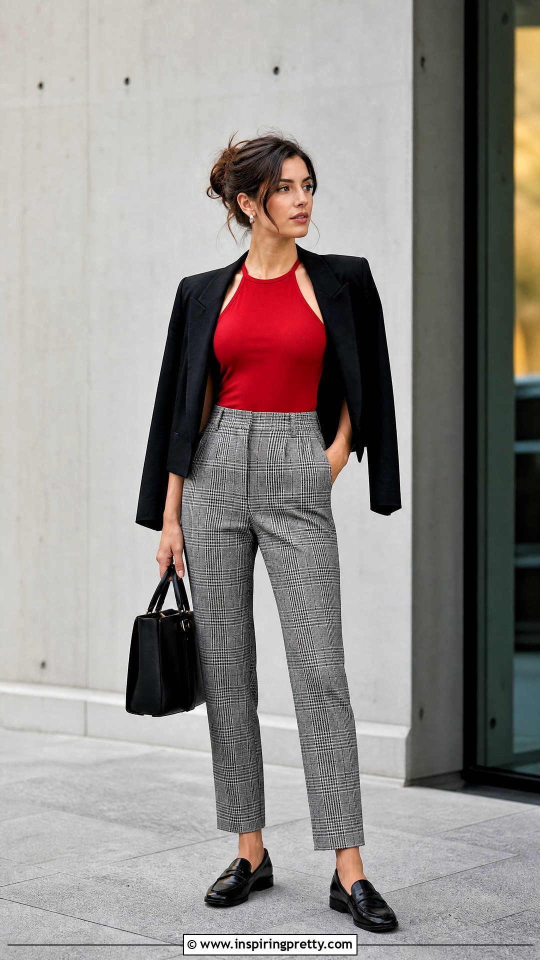 Red Halter Top With Plaid Trousers - 50 red halter top outfit ideas