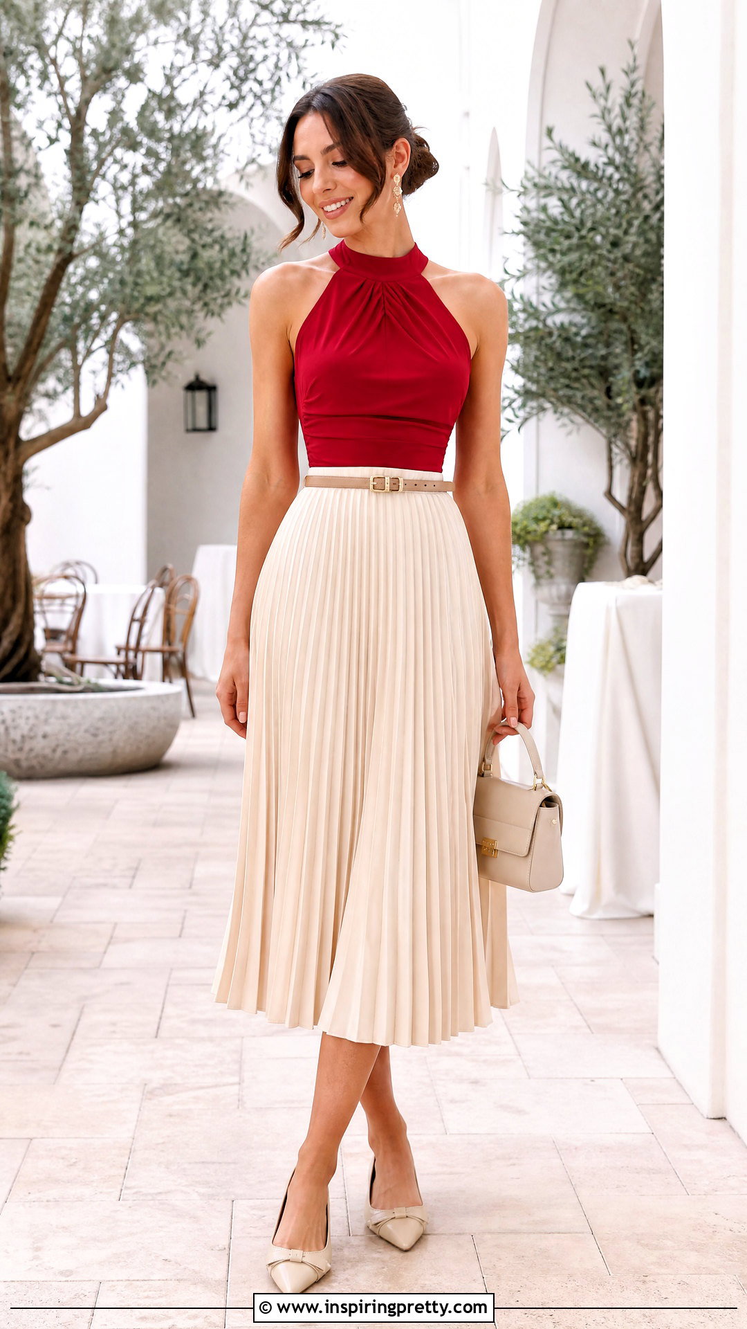 Red Halter Top With Pleated Midi Skirt - 50 red halter top outfit ideas