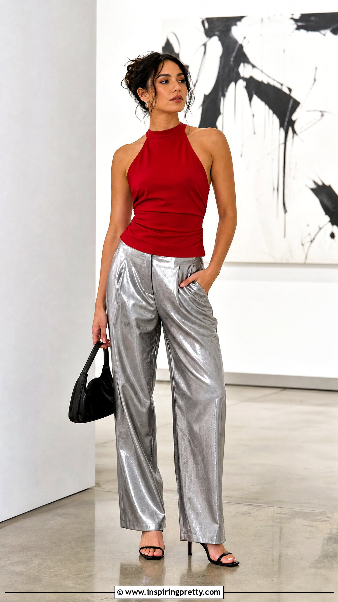 Red Halter Top With Silver Metallic Pants - 50 red halter top outfit ideas