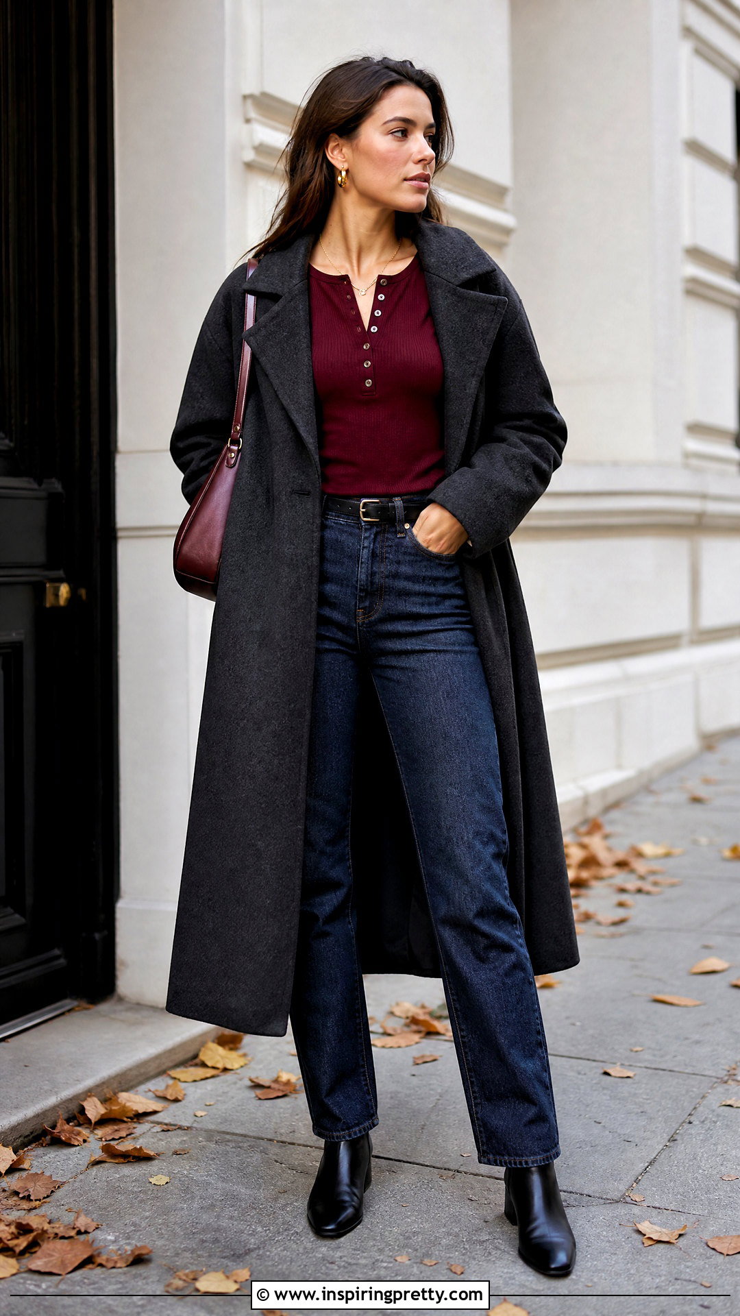 Red Henley Top With Dark Wash Jeans - 50 Henley Top Outfit Aesthetic Ideas