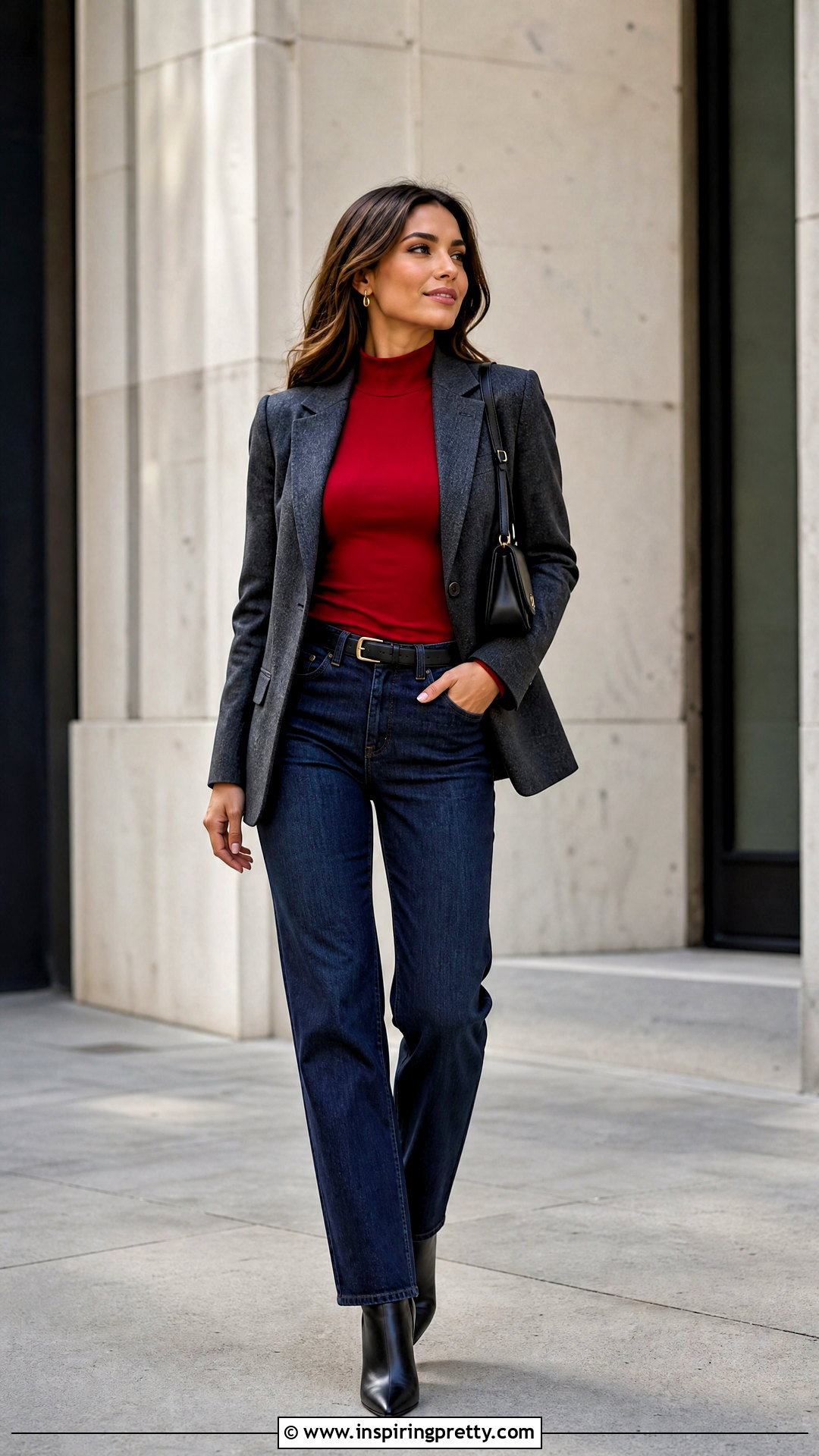 Red High Neck Top With Dark Wash Jeans - 50 high neck top outfit ideas