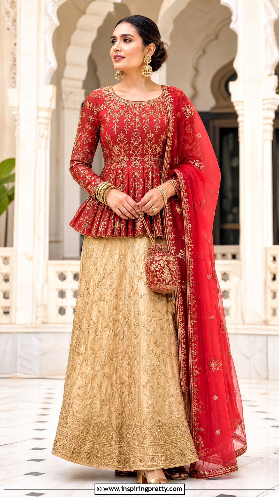 Red Indian Peplum Top With Gold Lehenga - 50 indian peplum top outfits