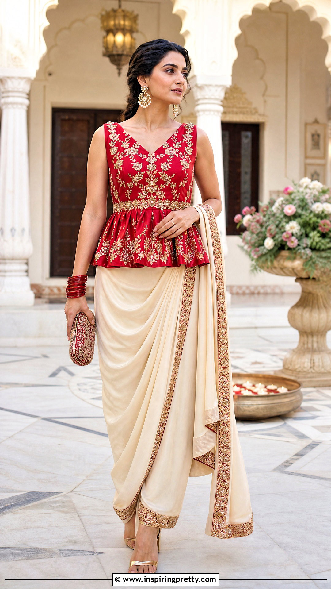 Red Indian Peplum Top With Saree Drape Skirt - 50 indian peplum top outfits