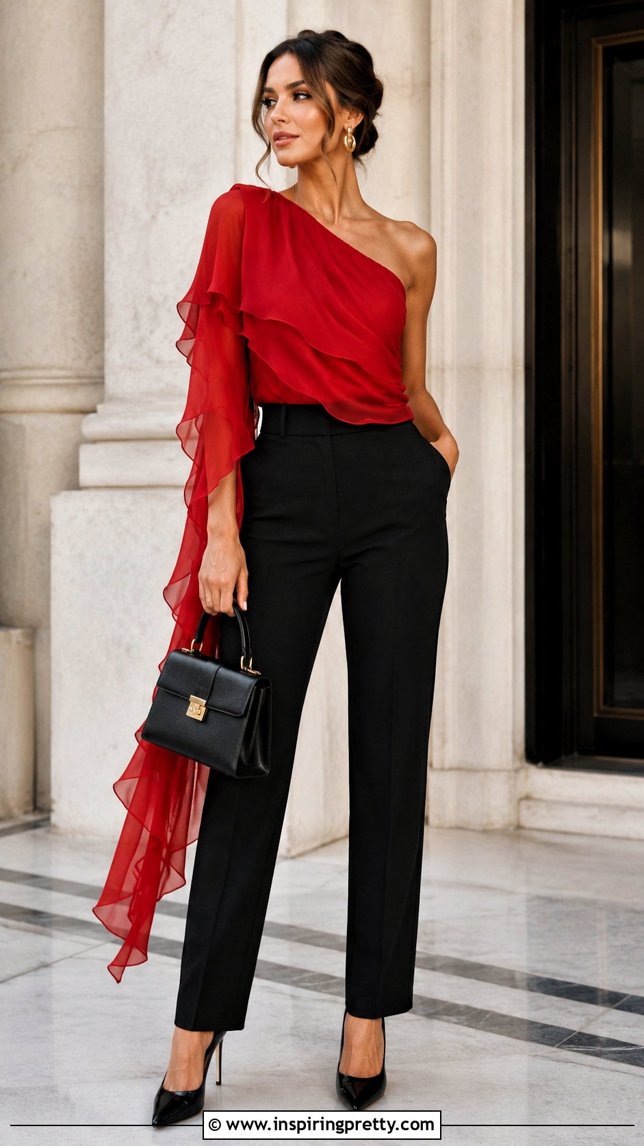Red Jellyfish Top With Black Tailored Trousers - 50 jellyfish top outfit ideas