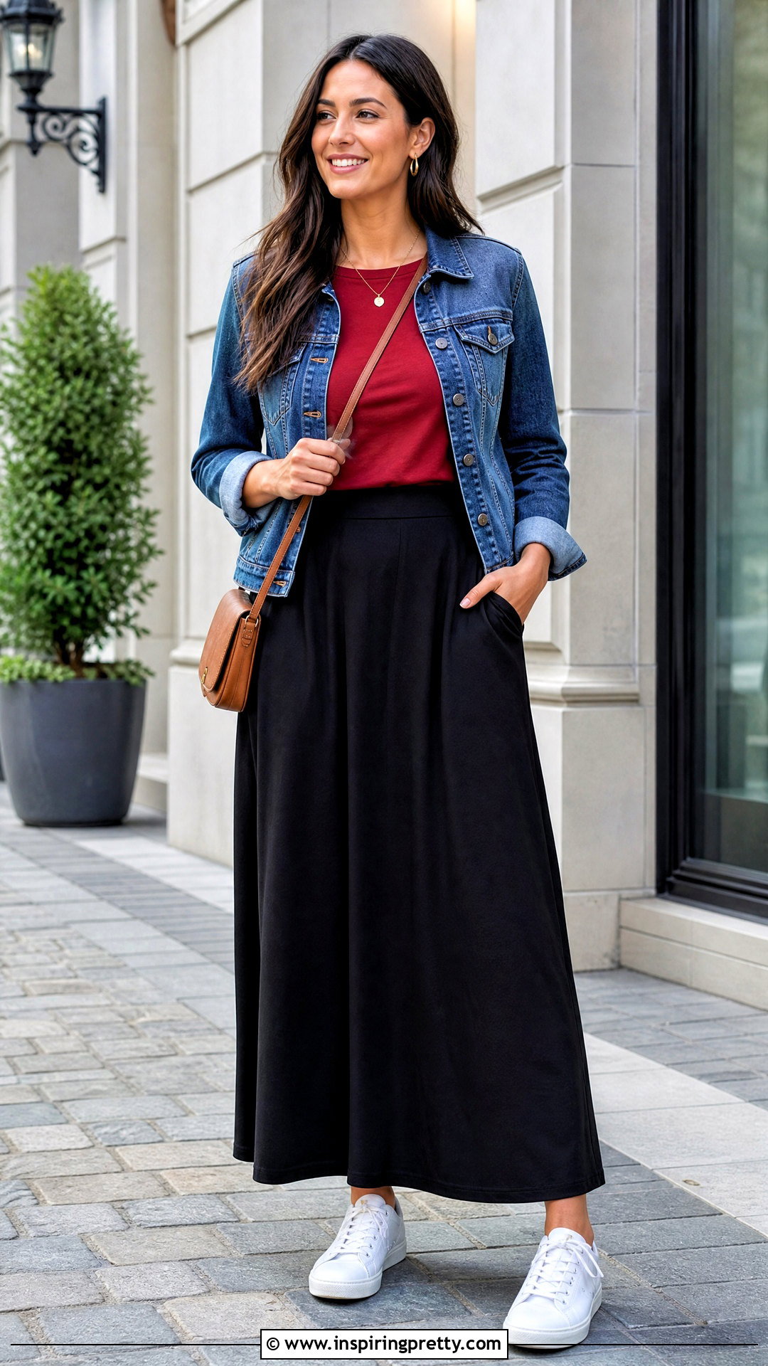 Red Jersey Top With Black Maxi Skirt - 50 red tops outfit ideas